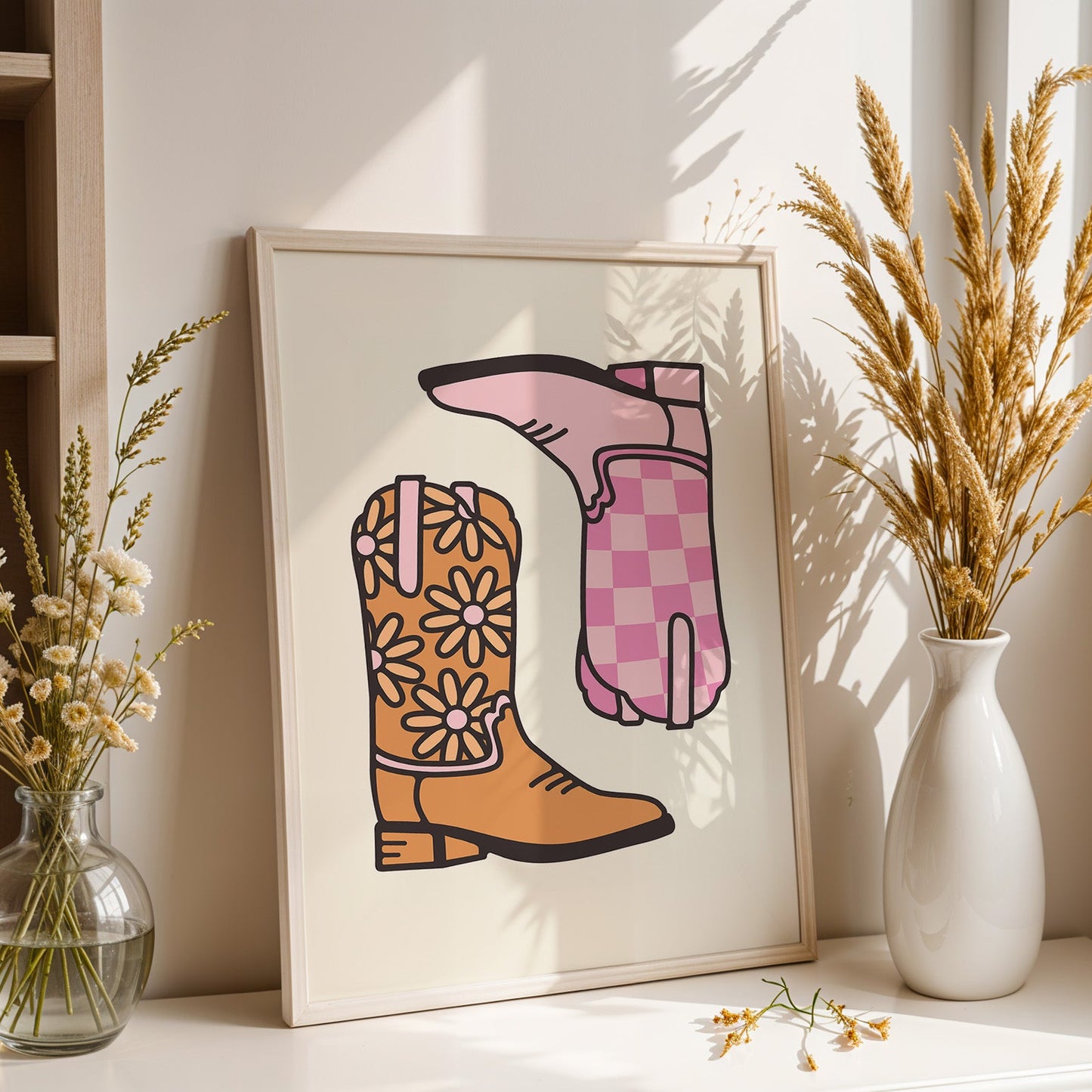 Cowgirl Boots Pink Orange Art Print Checker Cute Modern Western