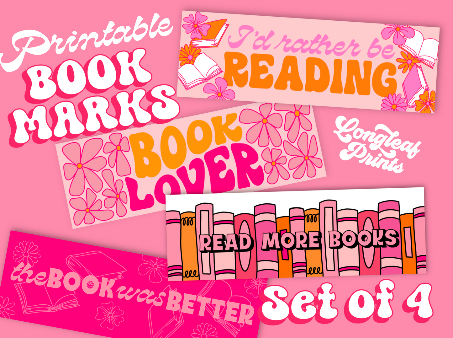 Set of 4 Printable Retro Pink Bookmarks Digital Download File