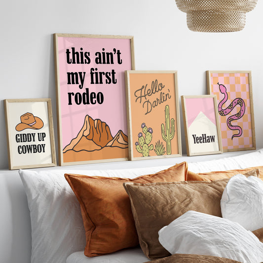 Set of 5 Country Western Pink and Orange Art Prints 1 Digital Art Print Download