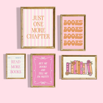 Set of 5 Bookish Pink and Orange Art Prints Digital Art Print Download