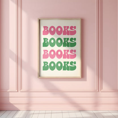 Books Books Books Digital Art Print Download - Pink & Green