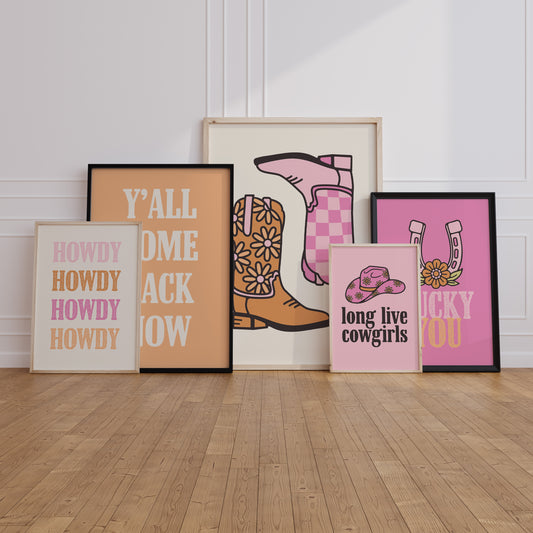 Set of 5 Country Western Pink and Orange Art Prints 3 Digital Art Print Download
